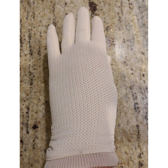 Vintage Size M Stretch Nylon Formal Beige 8" Gloves Pleated Fan Wrist Helanca - Picture 11 of 16